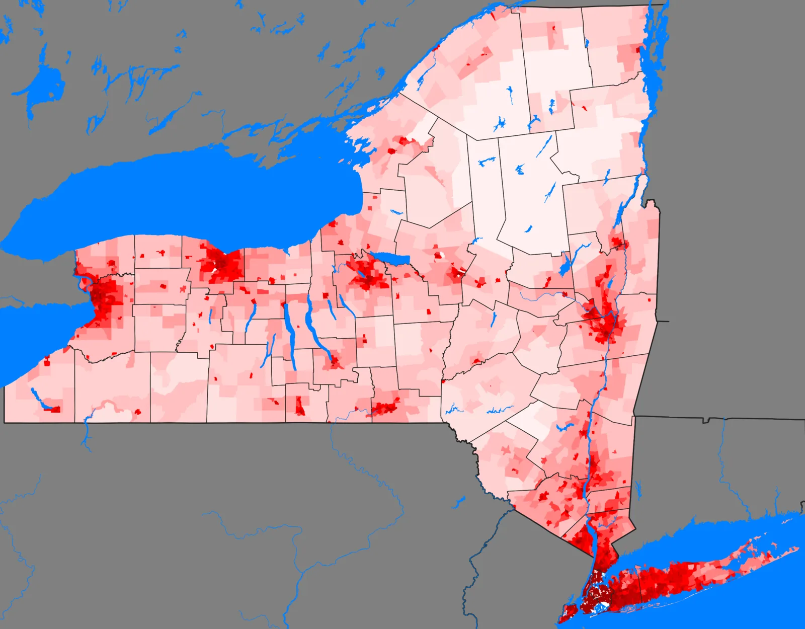 Population-density map of New York State, 2020 census, with a marker on each region where UNY50 members are based